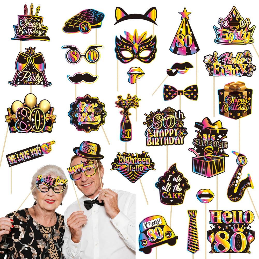 Hsc Men's Multicolored 80Th Birthday Decorations For Photo Booth Props, 30 Pack Black And Colourful Paper Photo Props For 80Th Birthday Party Decorations