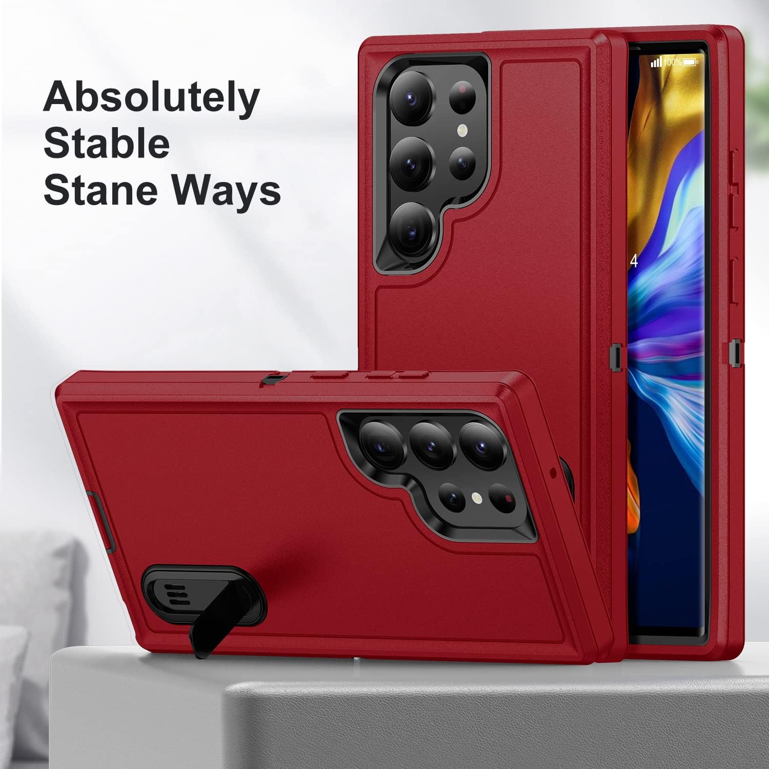 for Samsung Galaxy S23 Ultra Case with Kickstand Case 3-Layer Military Grade Protective Case Cover Silicone Heavy Duty Rugged Shockproof for Galaxy S23 Ultra Phone Case (Red+Black)