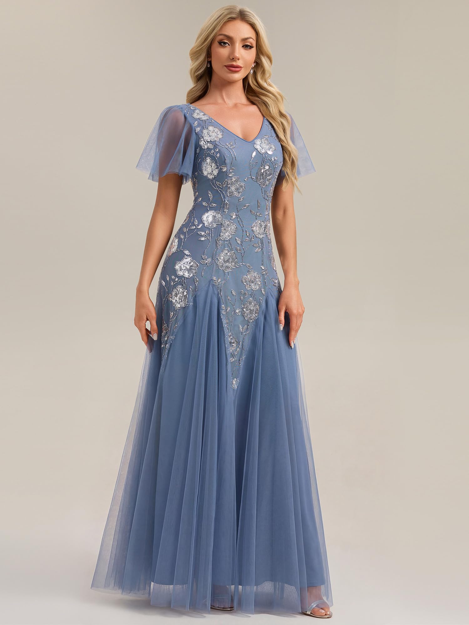 Ever-Pretty Abito Cerimonia Donna Collo a V Maniche Corte Paillente Maxi Gonna Svasata EE02665
