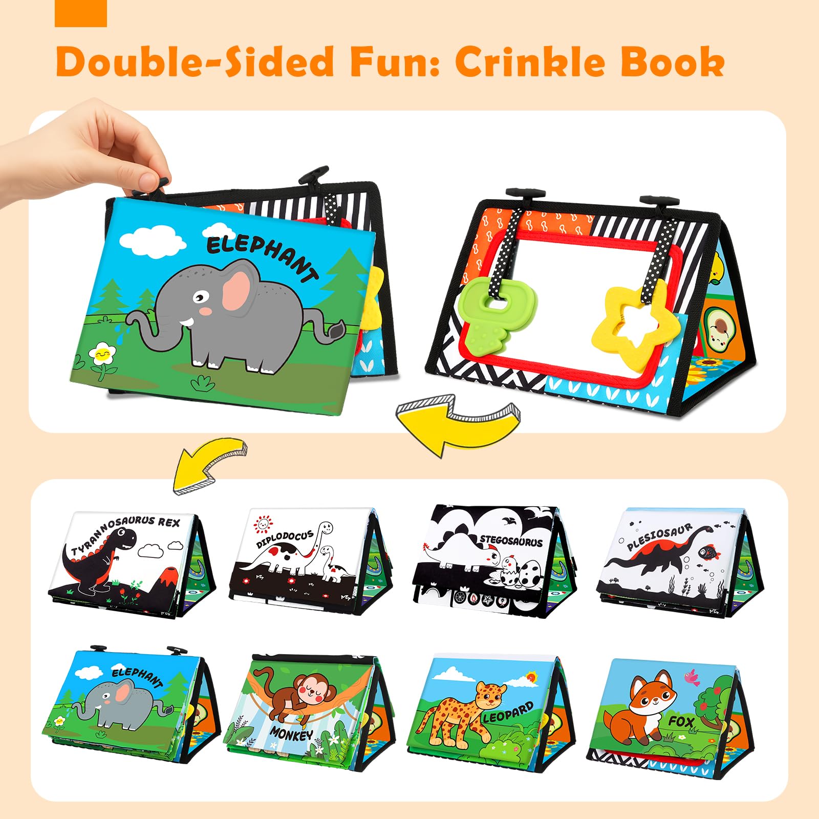 Juguetes para bebés de 0 a 6 meses – Juguete para bebés de alto contraste en blanco y negro – Espejo de bebé con mordedor de libro de tela – Juguete sensorial arrugado Montessori para bebés de 0-3-6 4