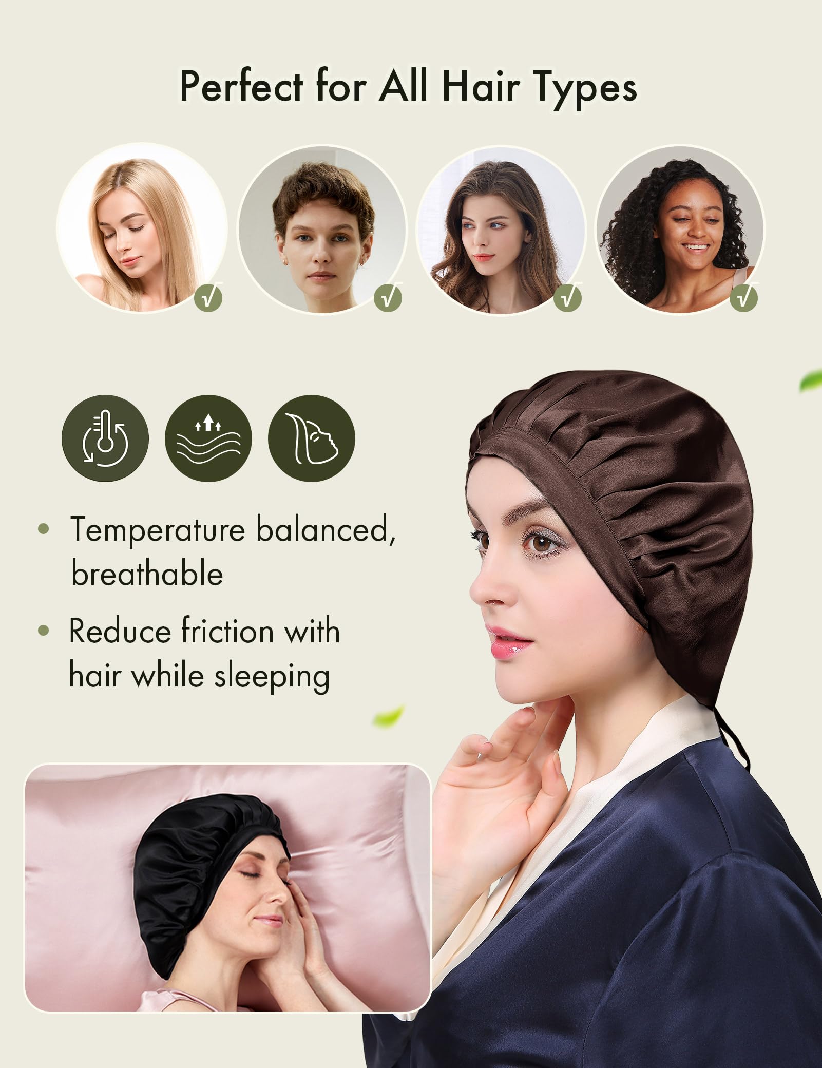 LilySilk 100% Mulberry Silk Adjustable Sleep Bonnet, Medium