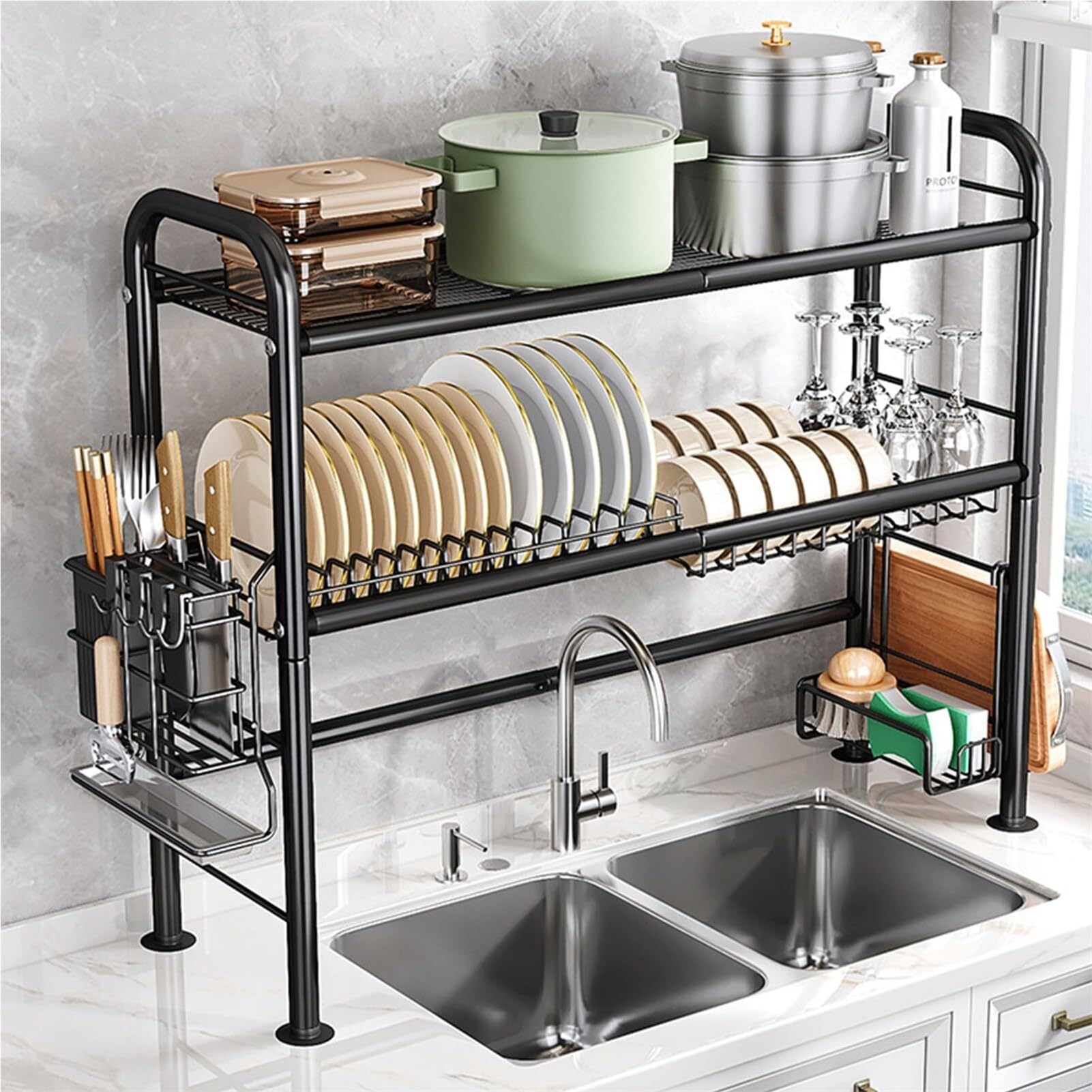 SaryEdge 85CM Over Sink Dish Drying Rack,2 Tier Large Dish Rack Stainless Steel for for Dishes,Glasses,Bowls and Cutlery,Dish Drainers Organizer for Kitchen Counter Storage,Blac,
