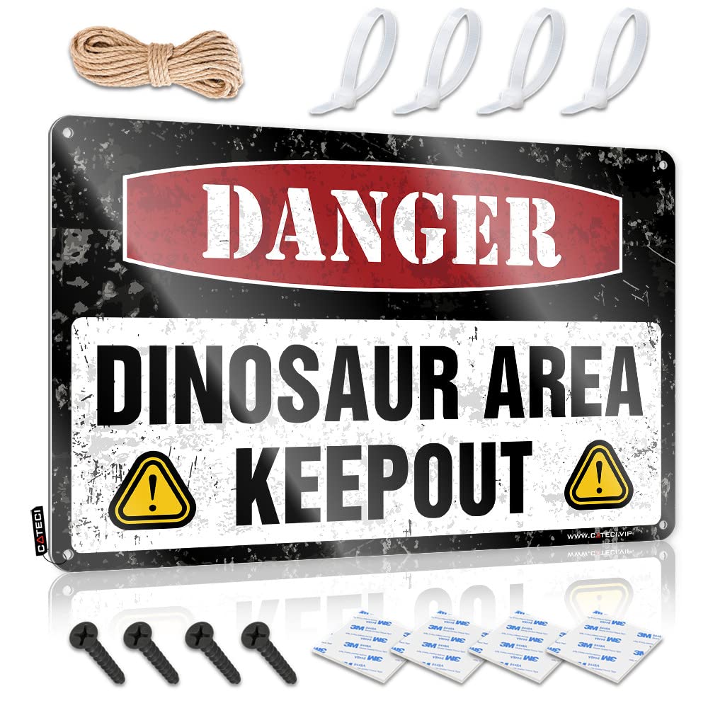 HELIOFORGE Bedroom Door Decorations Danger Dinosaur Area Keep Out Sign Bedroom Door Sign Gaming Metal Tin Decor(30X40CM)