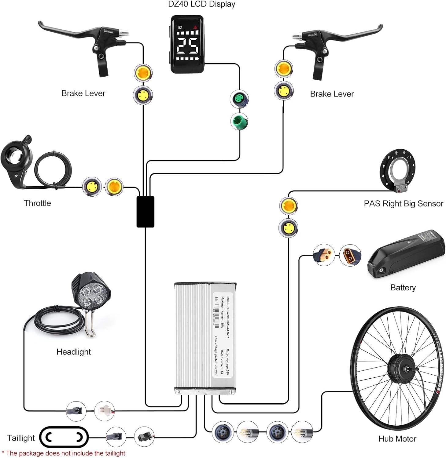 Detailed wiring diagram showing connections between the DZ40 LCD Display, Brake Levers, Throttle, PAS Right Big Sensor, Battery, Hub Motor, Headlight, and Controller.