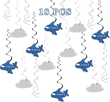 Maicaiffe Airplane Cloud Hanging Swirl Decorations - Glitter 18 Pcs Kids Boys Birthday Party Supplies - Baby Shower Streamers - Aviation Birthday Party Foil Swirls Ceiling Decorations