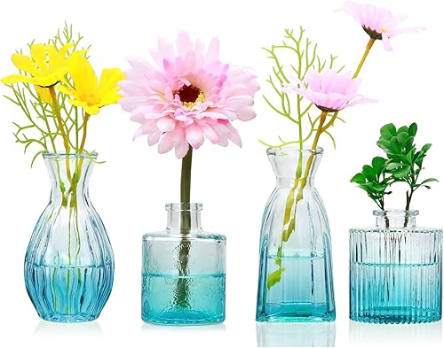 Juego de jarrones de cristal Mapoxy para brotes de flores, juego de 4, jarrones azules pequeños para centro de mesa de boda, decoraciones de mesa,