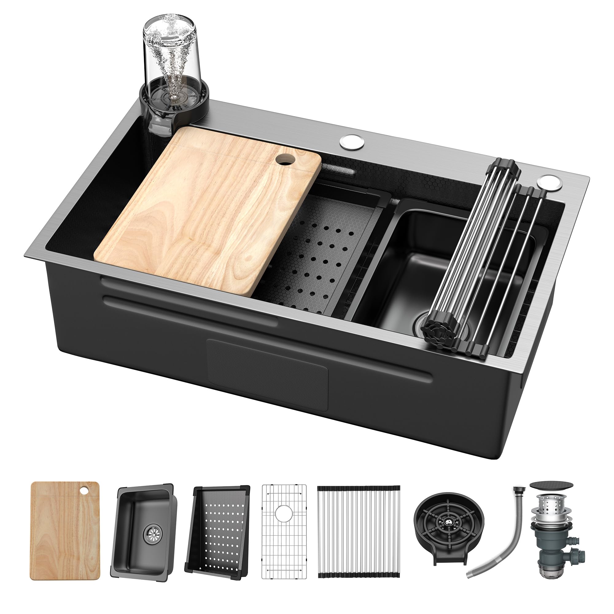 Drop In Kitchen Sink Set 30 x 18 x 10in, Stainless Steel Nano Gunmetal Black Single Bowl Handmade Countertop Sink with Glass Rinser and Cutting Board, Scratch Resistant, for Home Kitchen, Bar
