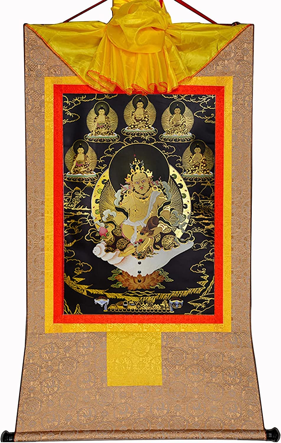 VHKJewE Yellow Jambhala,Dzambhala, Buddhist Thangka Brocade,Black Type(Beige,Small(35cm*27cm))