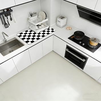 Absorbent Dish Drying Mat, Non-Slip Kitchen Counter Mat, Quick Dry Coffee Mat for Countertop, Pet Feeding Mat, Heat Resistant Dish Rack Mat, Black and White Checkered, 15.75x19.69 Inch