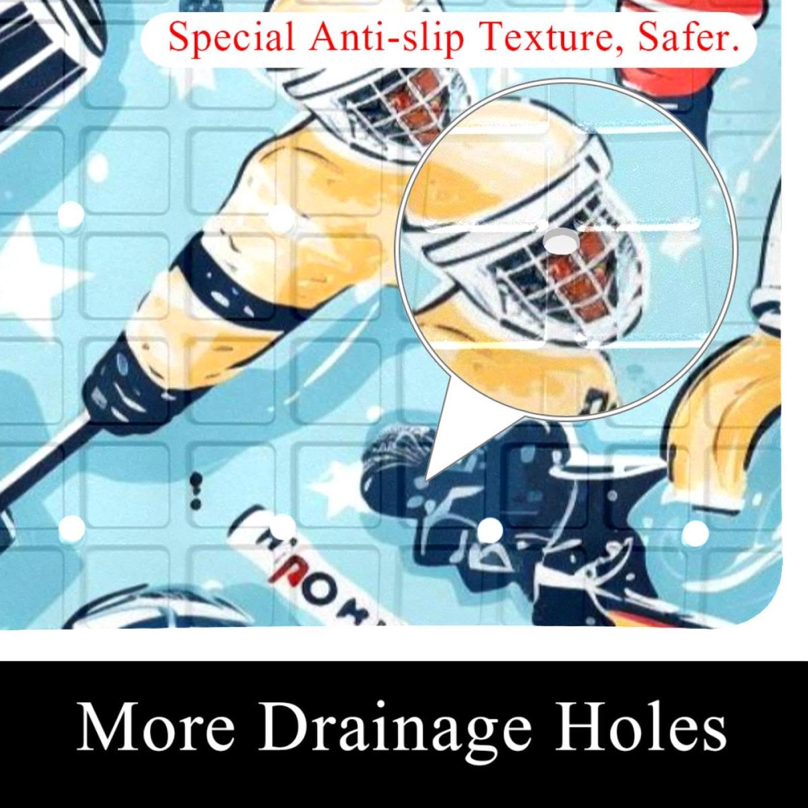 Tapis de douche antidérapant avec motif hockey sur glace - 38,5 x 68 cm - Tapis de douche en caoutchouc antidérapant avec trous de drainage et ventouses - Lavable en machine