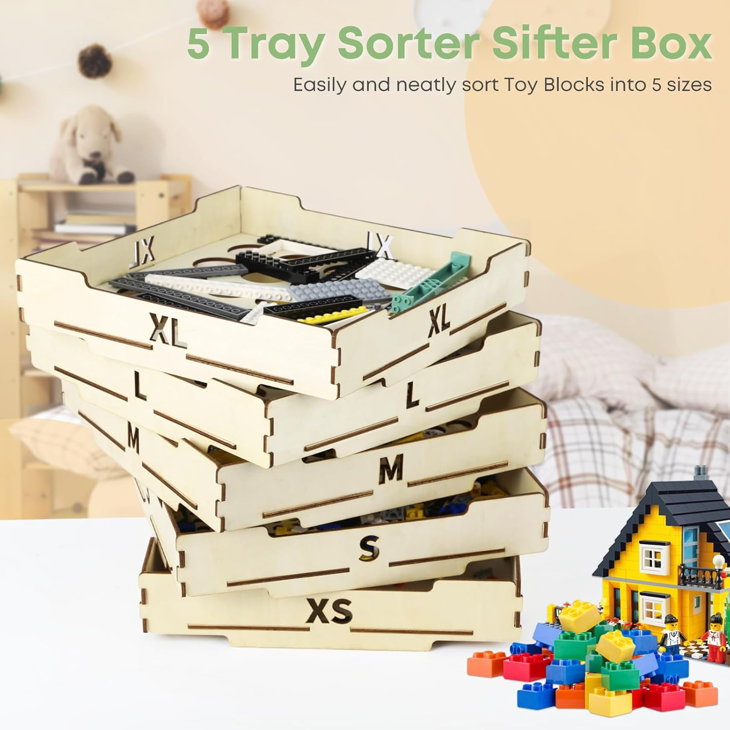 Toy Block Sorter Sifter, 5 Different Size Toy Block Sorting Boxes, Wooden Storage Box for Building Blocks, Birthday Gift Boys Girls and Adults