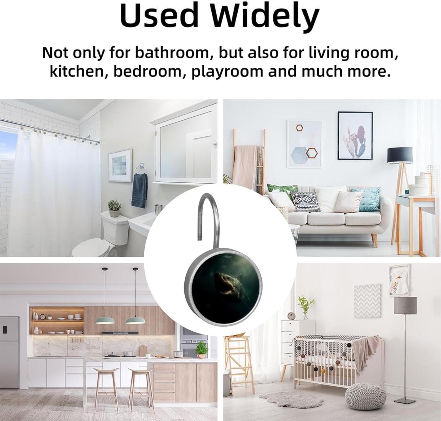 12 Pcs Round Shower Curtain Hooks Stainless Steel Decorative Hanger Rings for Bathroom Kitchen Bedroom Curtain Rods, Shark (2)