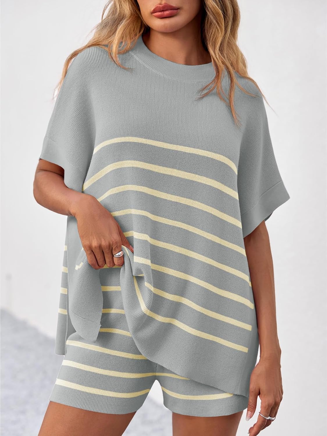 Fisoew Women's Striped 2 Piece Outfits Oversized Batwing Short Sleeve Tops High Waisted Shorts Summer Knit Lounge Short Sets Light Grey - Image 2