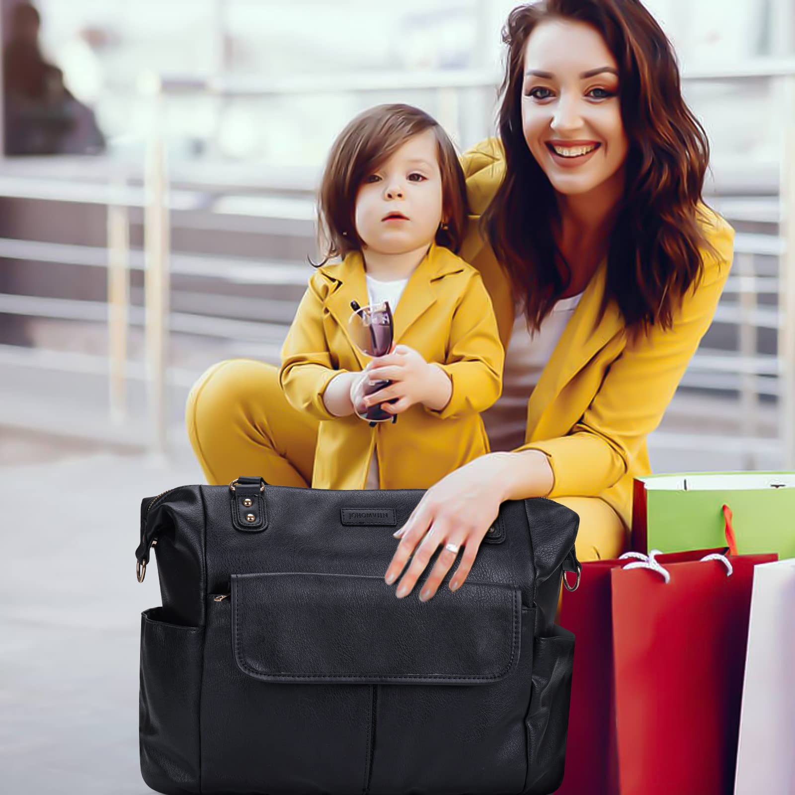 Bolsa de pañales de cuero a la moda para mamá papá, bolsa grande de viaje para bebés y niñas