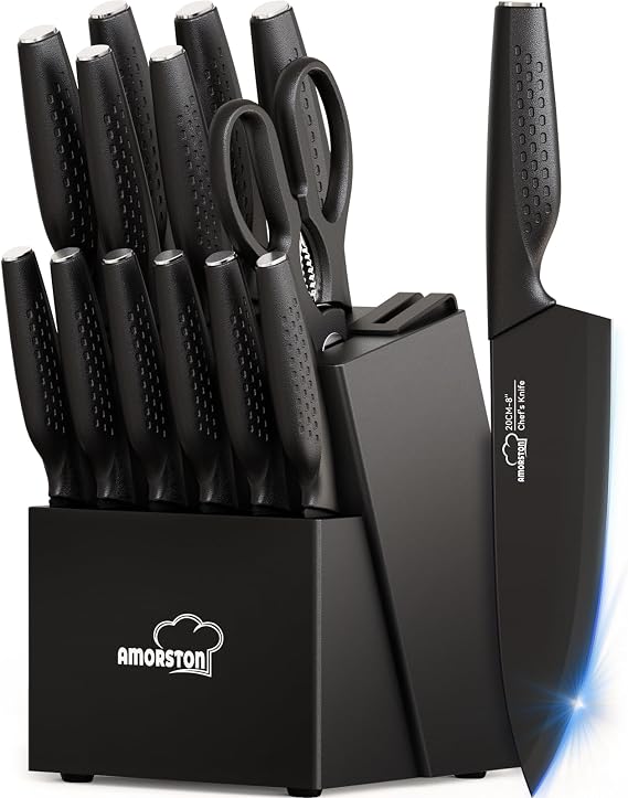 Amorston Steak Knives Set of 8 and 15 Pieces Kitchen Knife Set with Block and Sharpener