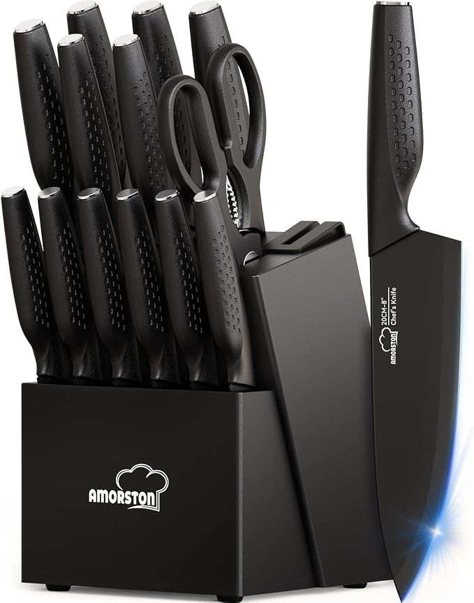 Knife Set, 15 Pieces Kitchen Knife Set with Block Built in Knives Sharpener, Dishwasher Safe, German Stainless Steel Knife Block Set, Elegant Black