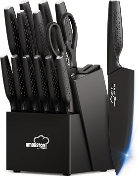 Amorston Steak Knives Set of 8 and 15 Pieces Kitchen Knife Set with Block and Sharpener