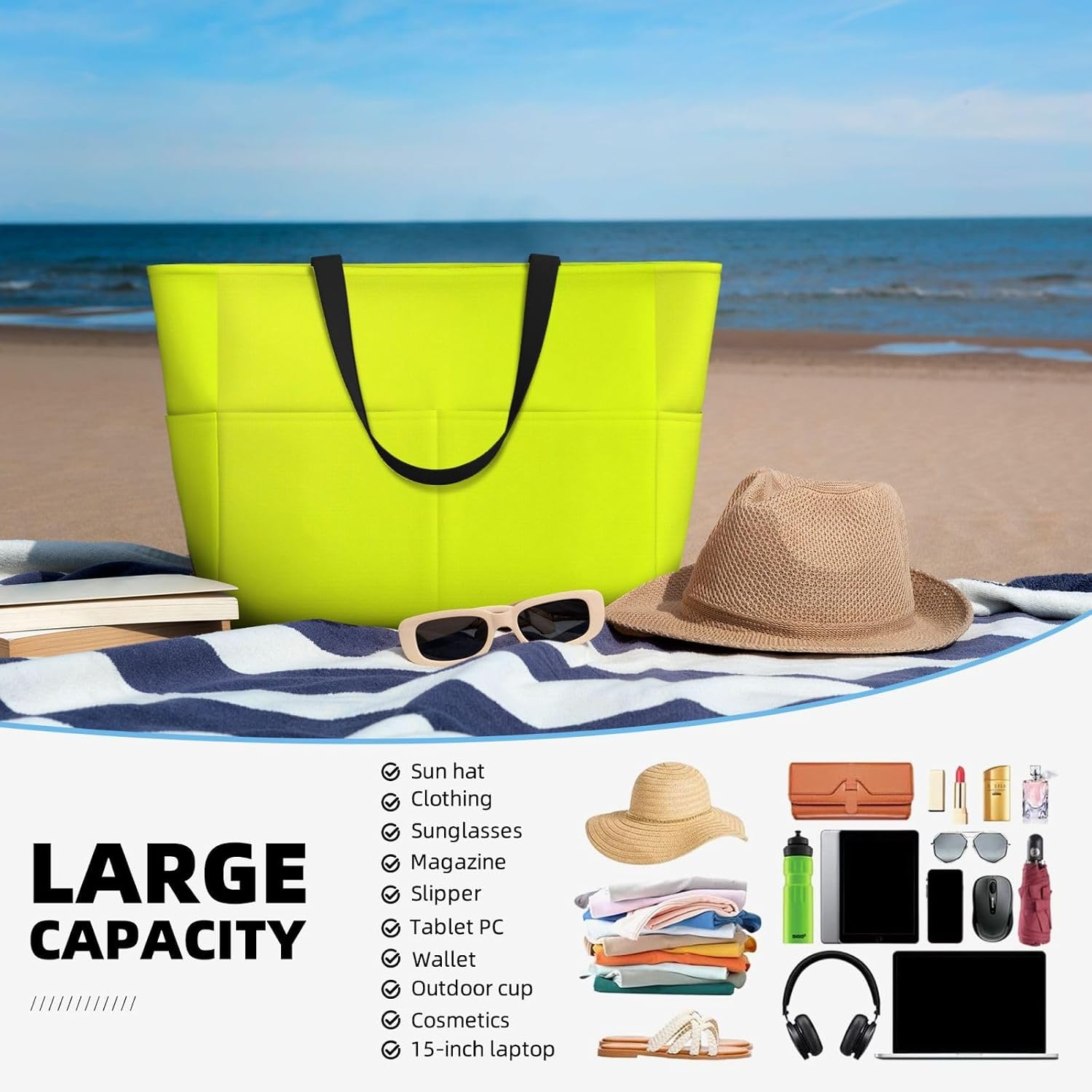 Irregular Grid Pattern Print Beach Bag, Large waterproofed tote bag With Zipper for Sand, Pool, Gym and Camping