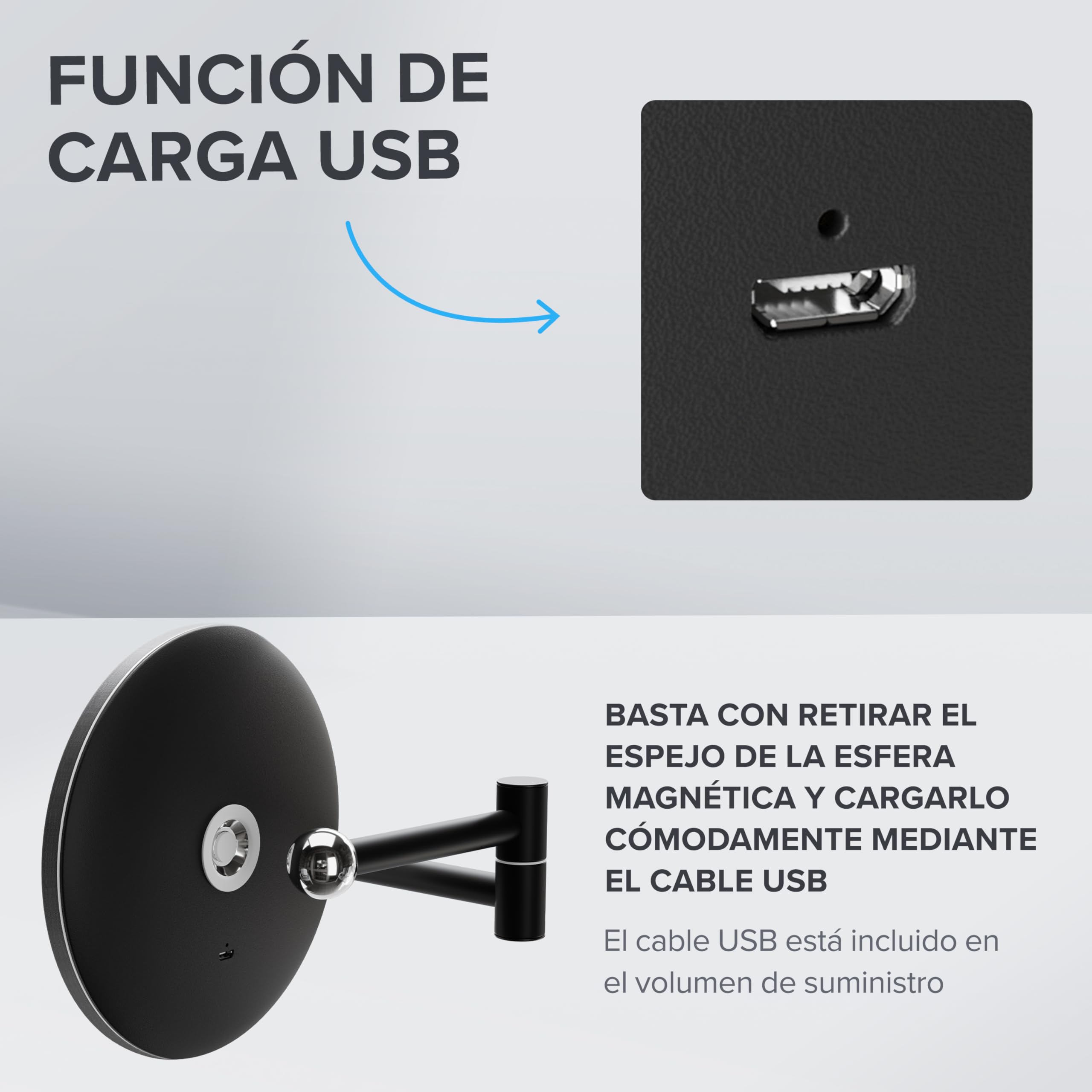 ovimar Leinoya Espejo cosmético | con iluminación | recargable | montaje en pared para taladrar | en el cuarto de baño | espejo de aumento 5x | espejo de maquillaje con luz | 360 grados 5X negro para