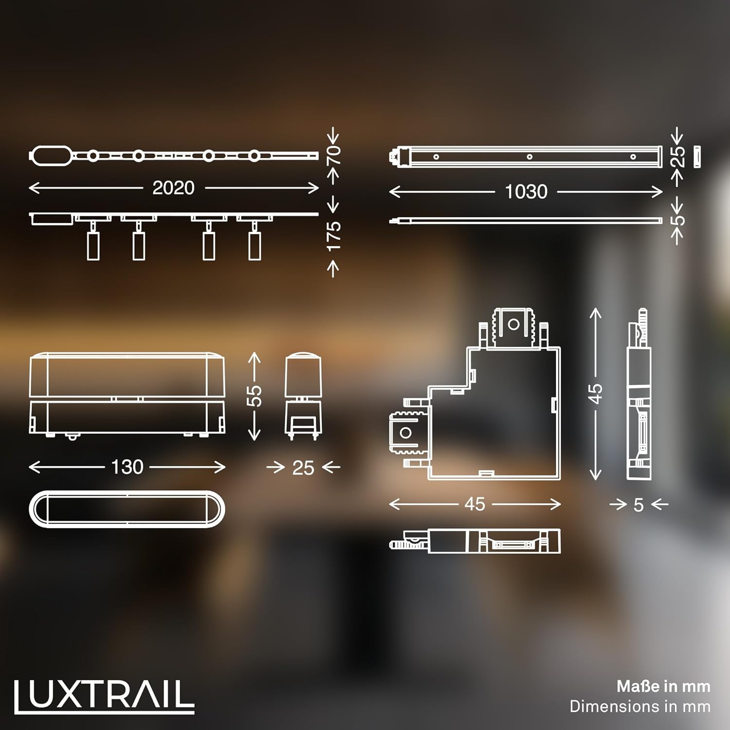Technical diagram showing dimensions in millimeters for various components of the Luxtrail system.