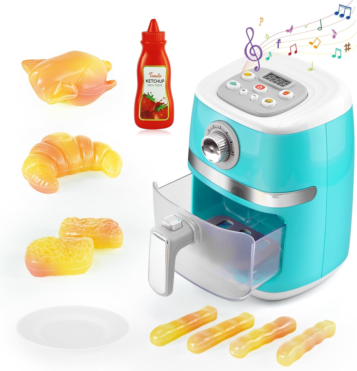 Play Kitchen Accessories, Pretend Kitchen Appliances Set with Toy Air Fryer for Kids with Sound and 
