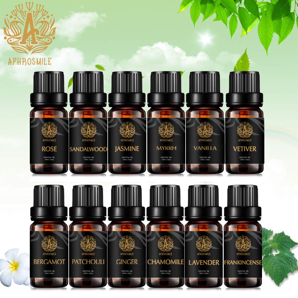 Aromatherapie Vanille ätherisches Öl Set für Diffusor- Rose,Jasmin, Sandelholz, Patchouli Öle..., 100% pure Vetiver ätherische Öle Set, 12x10ml Myrrhe ätherisches Öl Kit für Hause