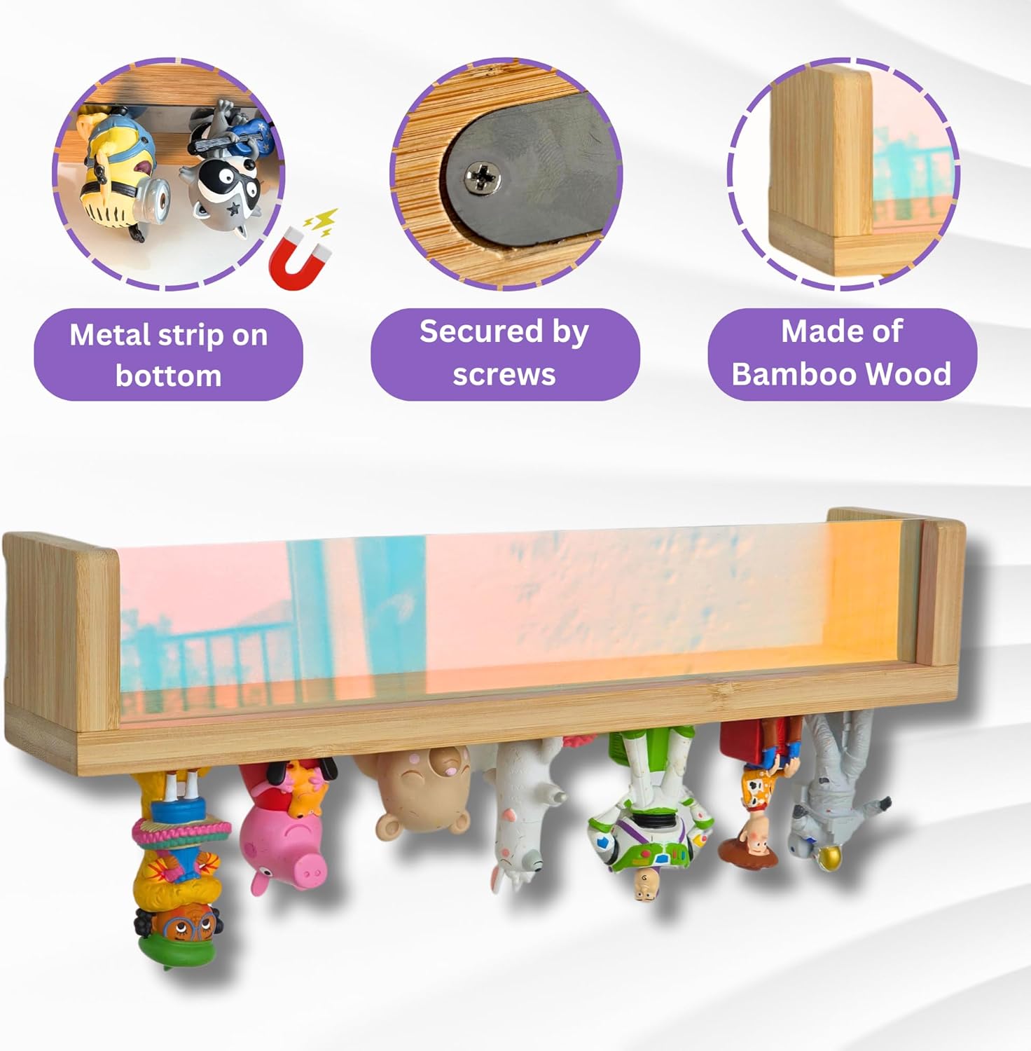 BigStep Magnetic Shelf for Tonies Figures – Iridescent Acrylic Front Panel with Metal Strip to Hold Tonie Characters – Floating Kids Room Display