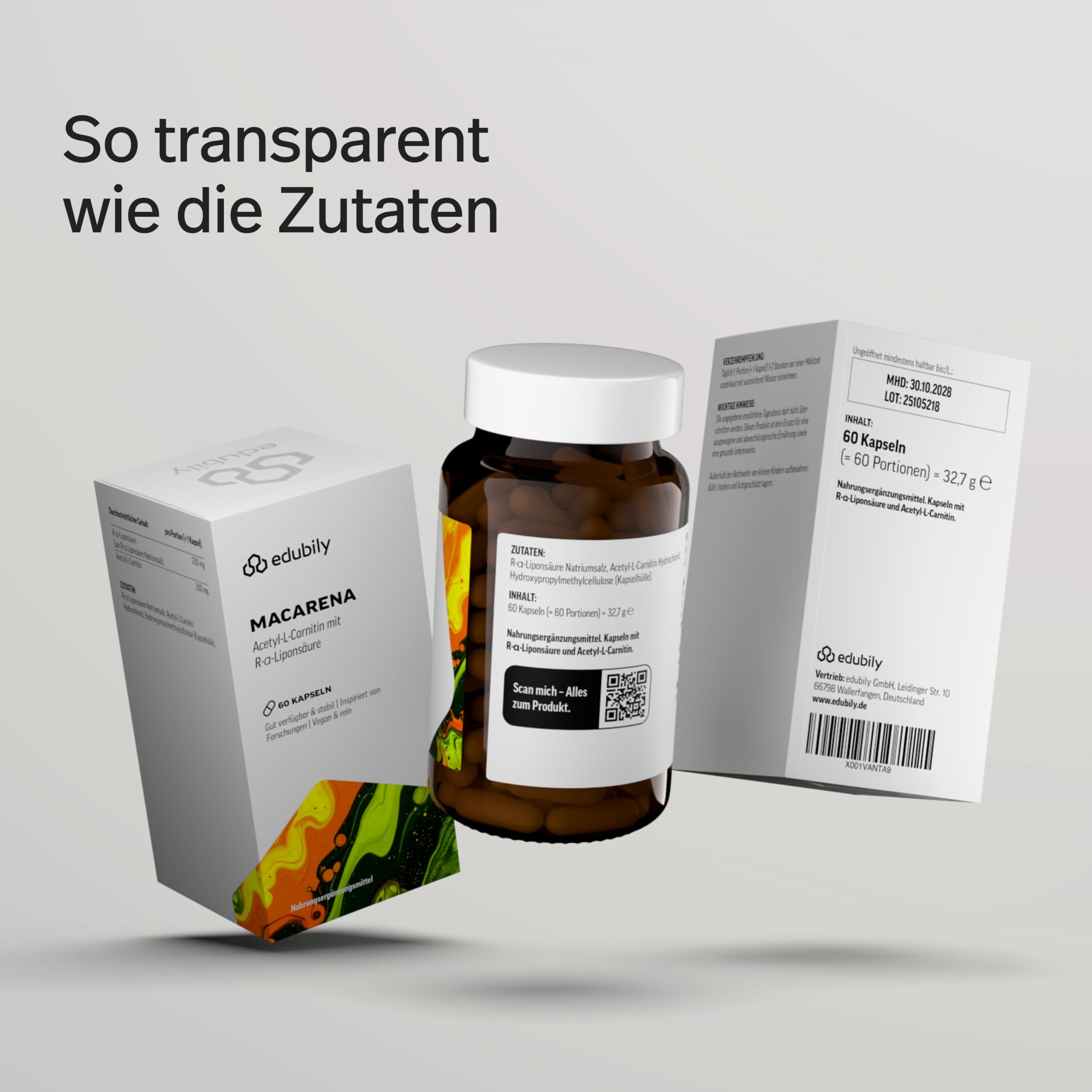 edubily® Macarena - Alpha Liponsäure mit Acetyl L Carnitin - jeweils 200 mg - Vegan - Laborgeprüft (60 Kapseln)