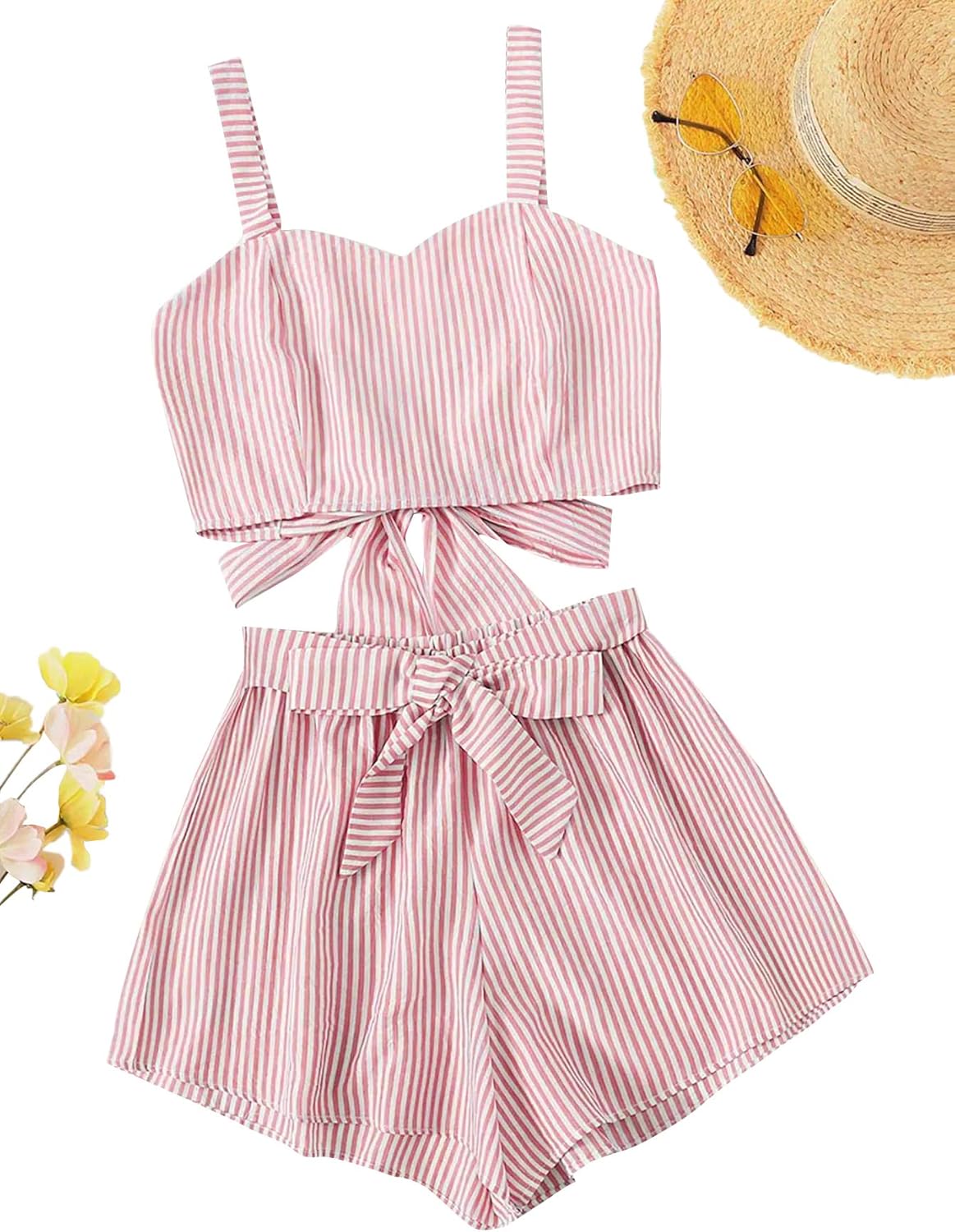 SweatyRocks Women's 2 Piece Outfits Summer Sleeveless Tie Back Crop Cami Top and Shorts Set - Image 3