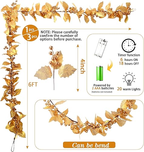 Miniatura 2 de Syhood Guirnalda de bayas de Navidad de 6 pies, guirnalda de hojas de acebo iluminada para interiores, guirnalda artificial de otoño, decoración de