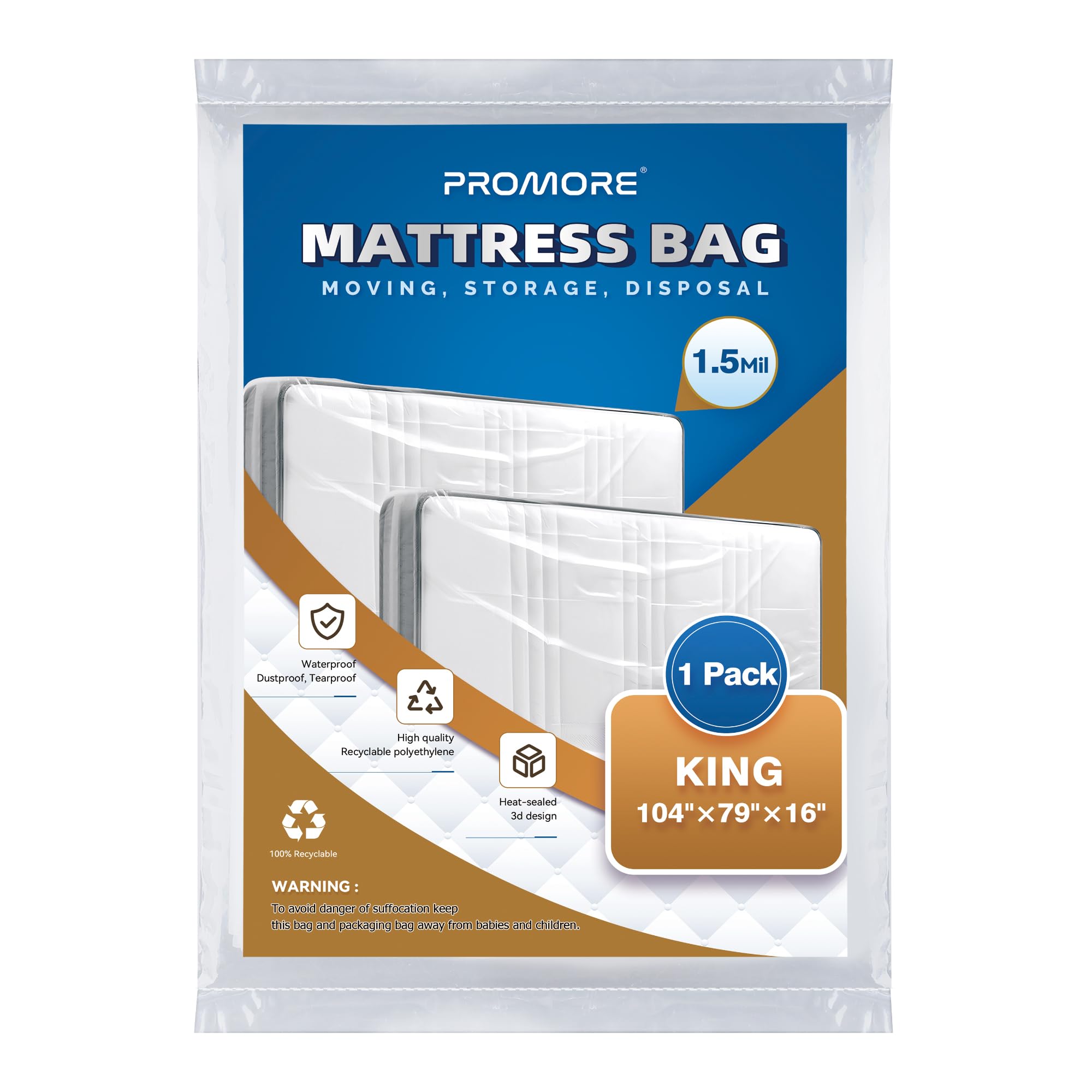 PROMORE Plastic Mattress Bag for Disposal Moving or Storage, Clear Waterproof Mattress Protector Covers - King/Cal King Size (1.5Mil)