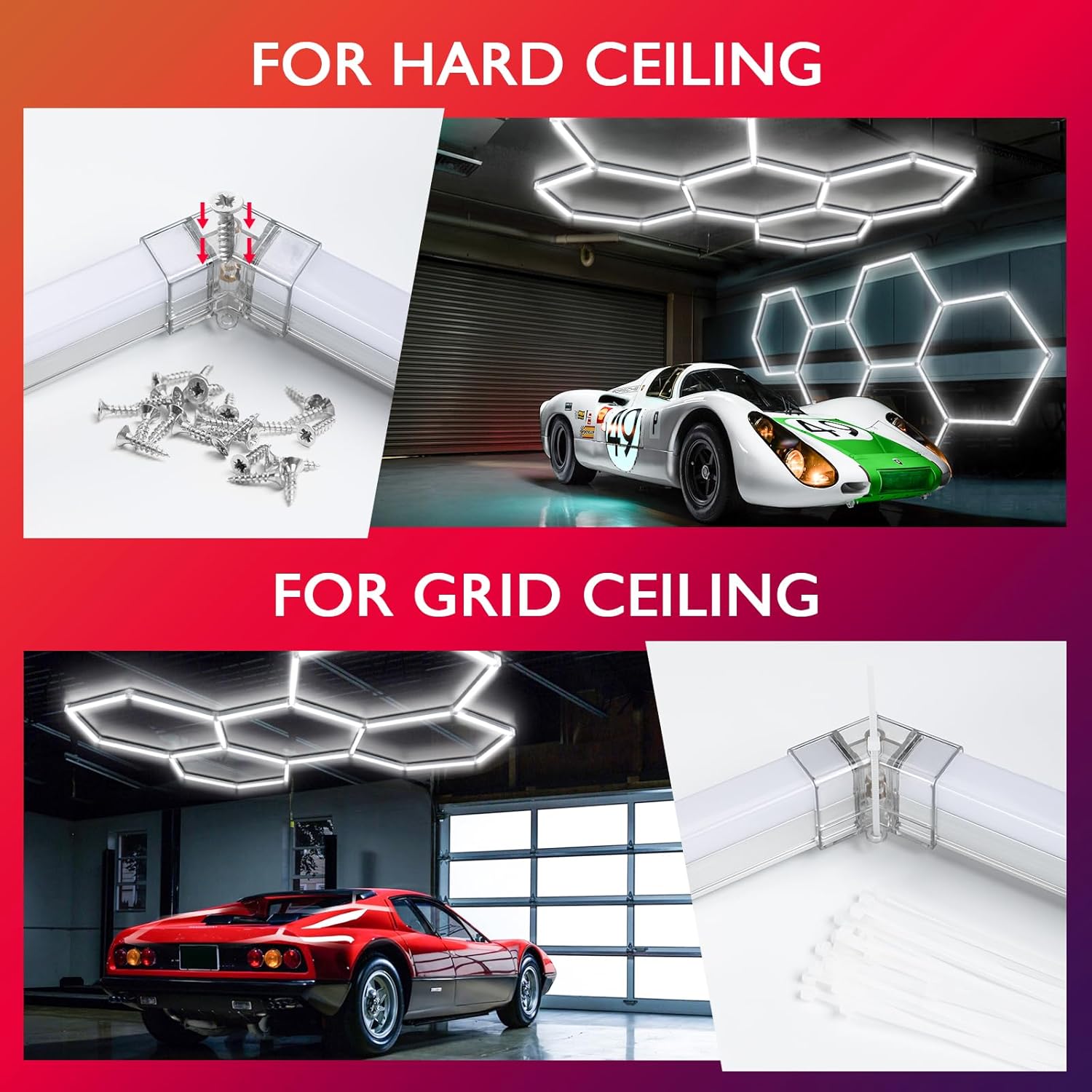 BRILLIHOOD LED Hexagon Garage Lights, 24 Pack Car Garage Light Tubes, 192W, 23040LM, 6500K Super Bright, 5 Grid Systems Car Detailing LED Hex Light for Warehouse Workshop Basement Gym