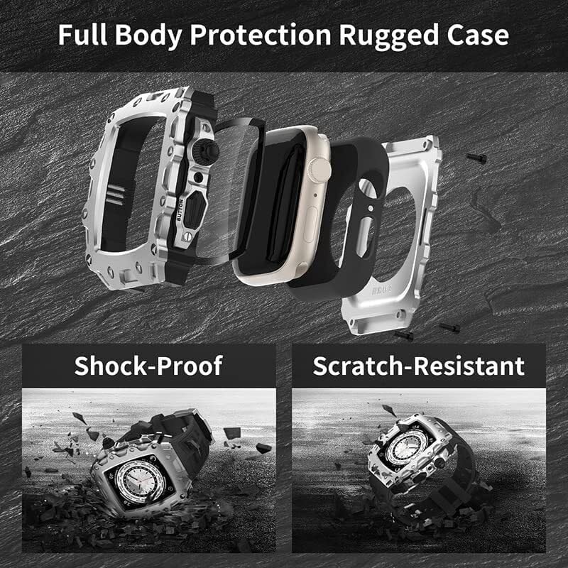 Rugged Metal Bezels+Sport Silicone Band And Stainless Steel Buckle Modification Kit ，For Apple Watch 45mm 44mm，Watch Accessories，For Iwatch 8/7/6/5/4/SE DIY