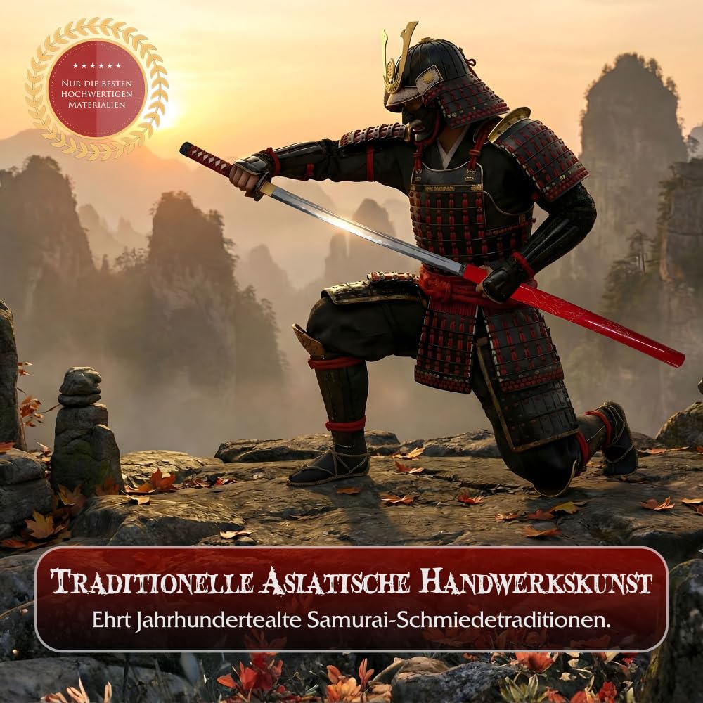 Handgeschmiedetes Samurai Schwert Set Rot (3-teilig) | Katana, Wakizashi & Tanto aus 1050 Kohlenstoffstahl | Inkl. Ständer & Pflegeset | Traditionelles Daisho für Sammler