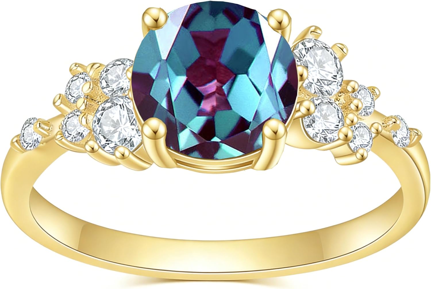 Auldey Gemstone Birthstone Engagement Rings for Women, Round Cut Solitaire Anniversary Ring Yellow Gold Plated 925 Sterling Silver Promise Rings for Her Wedding Bands For Women Size 4-13