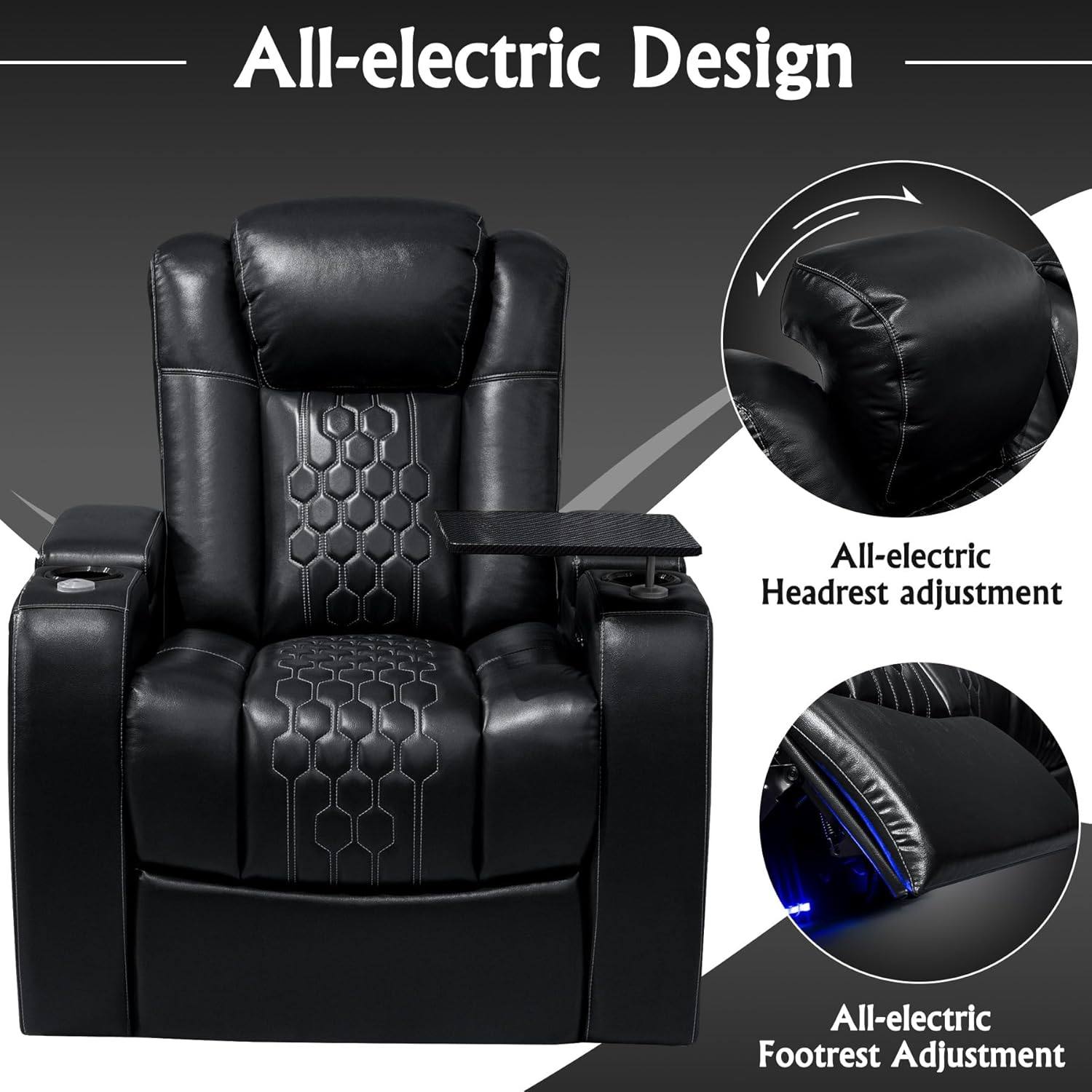Home Theater Seating,Top-Grain Leather Recliner Sofa, Zero Gravity Power Reclining Couch with Ambient LED Lights, Cup Holders & USB, Tray Table-Single Black