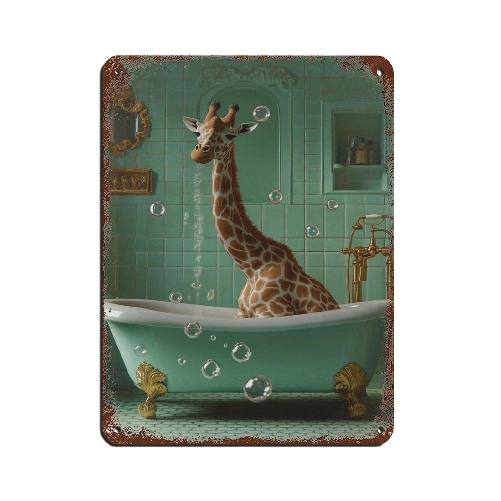 Giraffe in Bathtub Quirky,Fun Animal Retro Poster Metal Tin Sign Chic Art Retro Iron Painting Bar People Cave Cafe Family Garage Poster Wall Decoration 12x16inch(30x40cm)