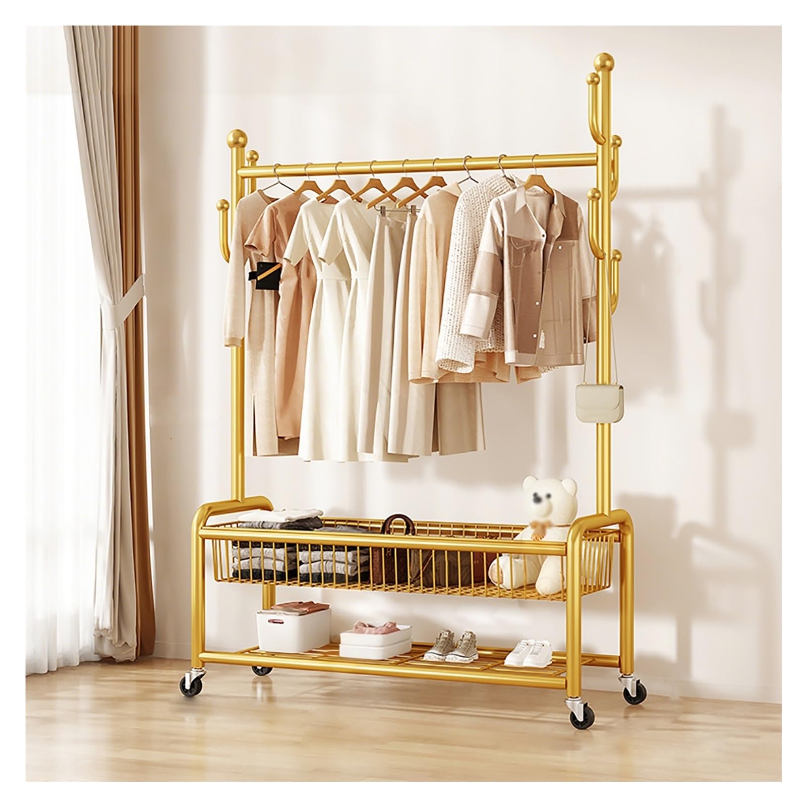 XDLEDMKIZ Portable Clothing Rack, Metal Garment Rack on Wheels, Freestanding Clothes Hanger with Storage Shelves for Bedroom, Living Room - Black, 120cm/47.2in