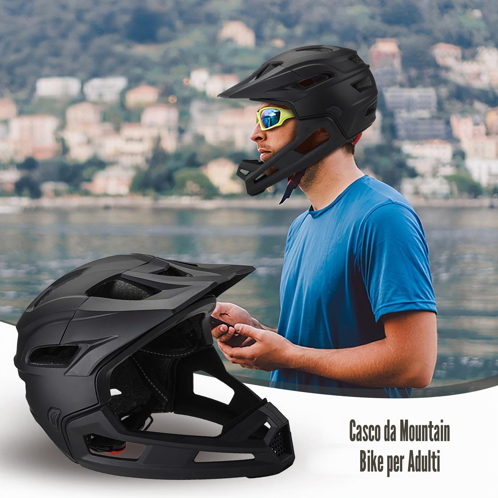 Casco da mountain bike, casco da bicicletta, casco integrale antiurto, casco da bici regolabile, casco leggero multi-sport, supporto per mento e visiera staccabili