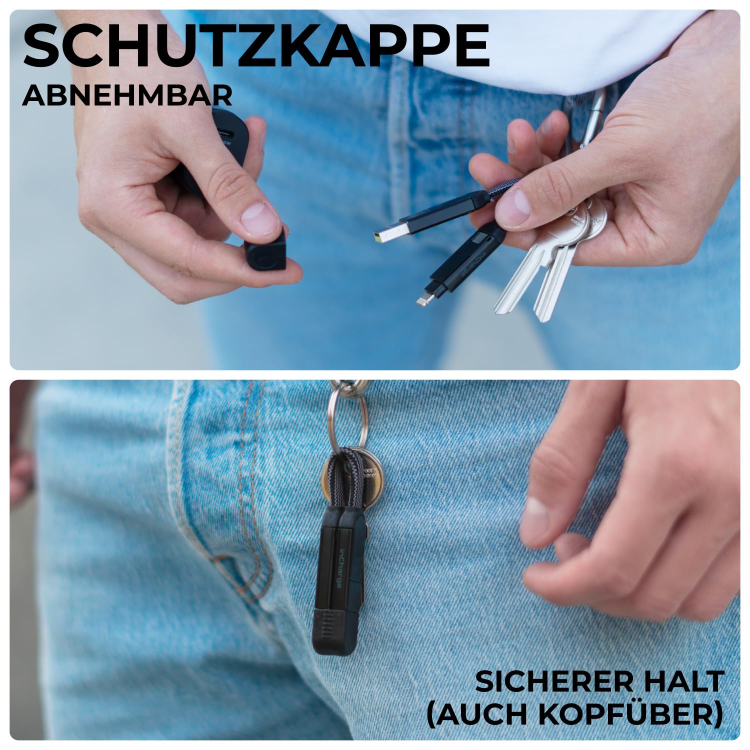 Rolling Square inCharge X - Schlüsselanhänger mit USB-C-Kabel, Universal-Smartphone-Kabel, Geschenk für Männer, 6-in-1-Universalladegerät für Smartphones, Schwarz, Lightning-Kabel 100 W, Multipack 3X