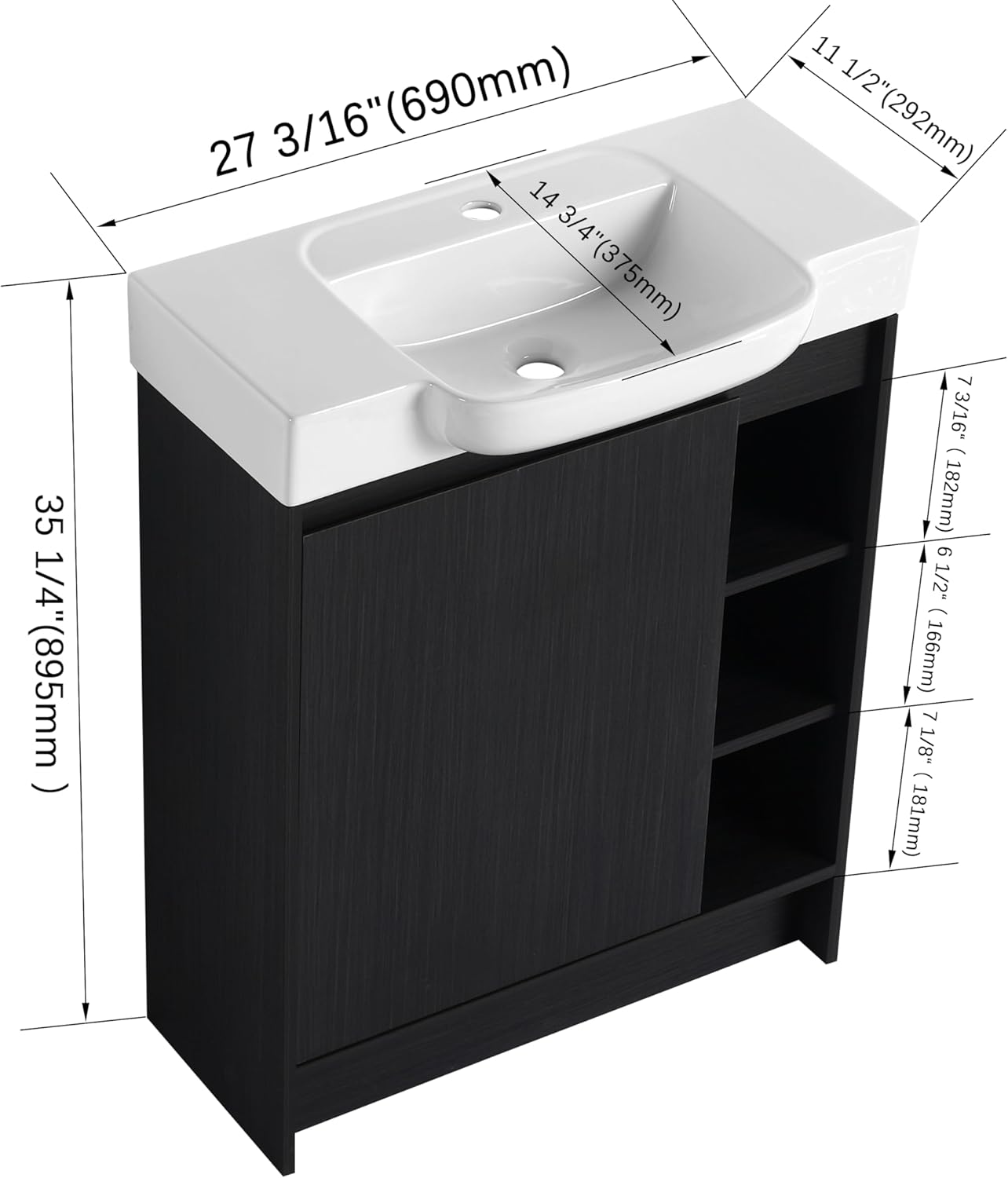28 Inch Floating Vanity, 28'' Freestanding Bathroom Vanity with Sink, Single Sink Cabinet for Small Bathrooms, Soft-Close Door, Ceramic Basin & Plywood Construction, Black