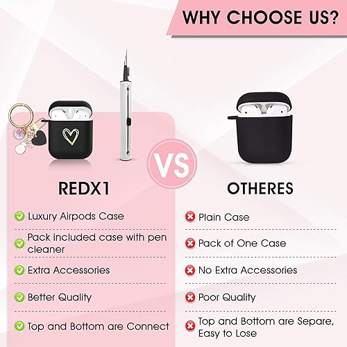 Miniatura 7 de REDX1 Funda para Airpods con diseño de corazón dorado con bolígrafo de limpieza, accesorios de llavero de la suerte, funda protectora de TPU suave