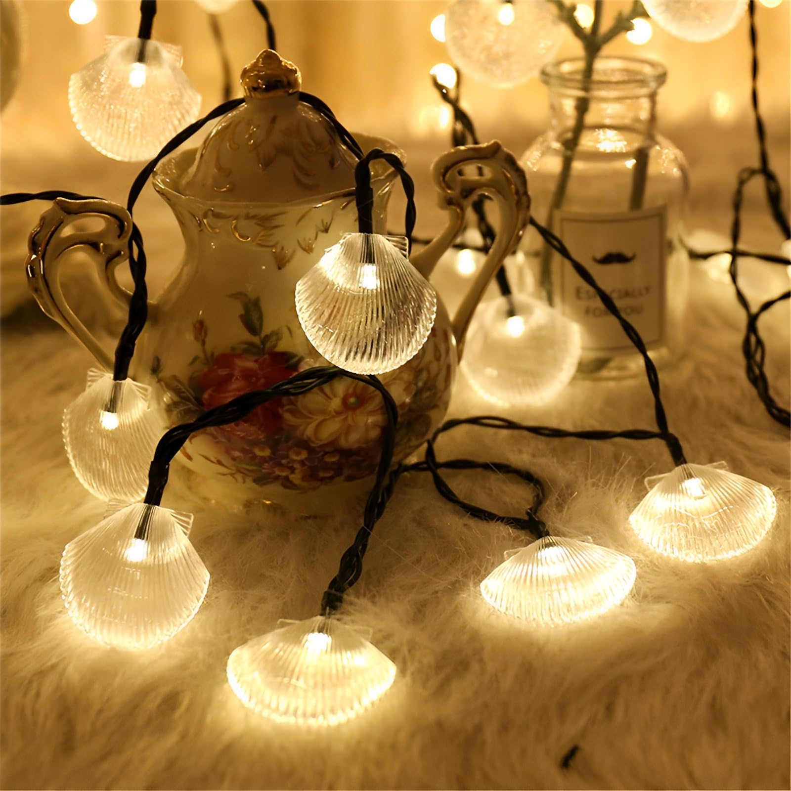 FANSU Shell Shape LED Garden Lights, 8 Modes Indoor/Outdoor Solar String Lights, Solar Lights Outdoor Garden with Remote, for Patio Yard Home Christmas Parties Wedding (Warm White,12M/100LED)