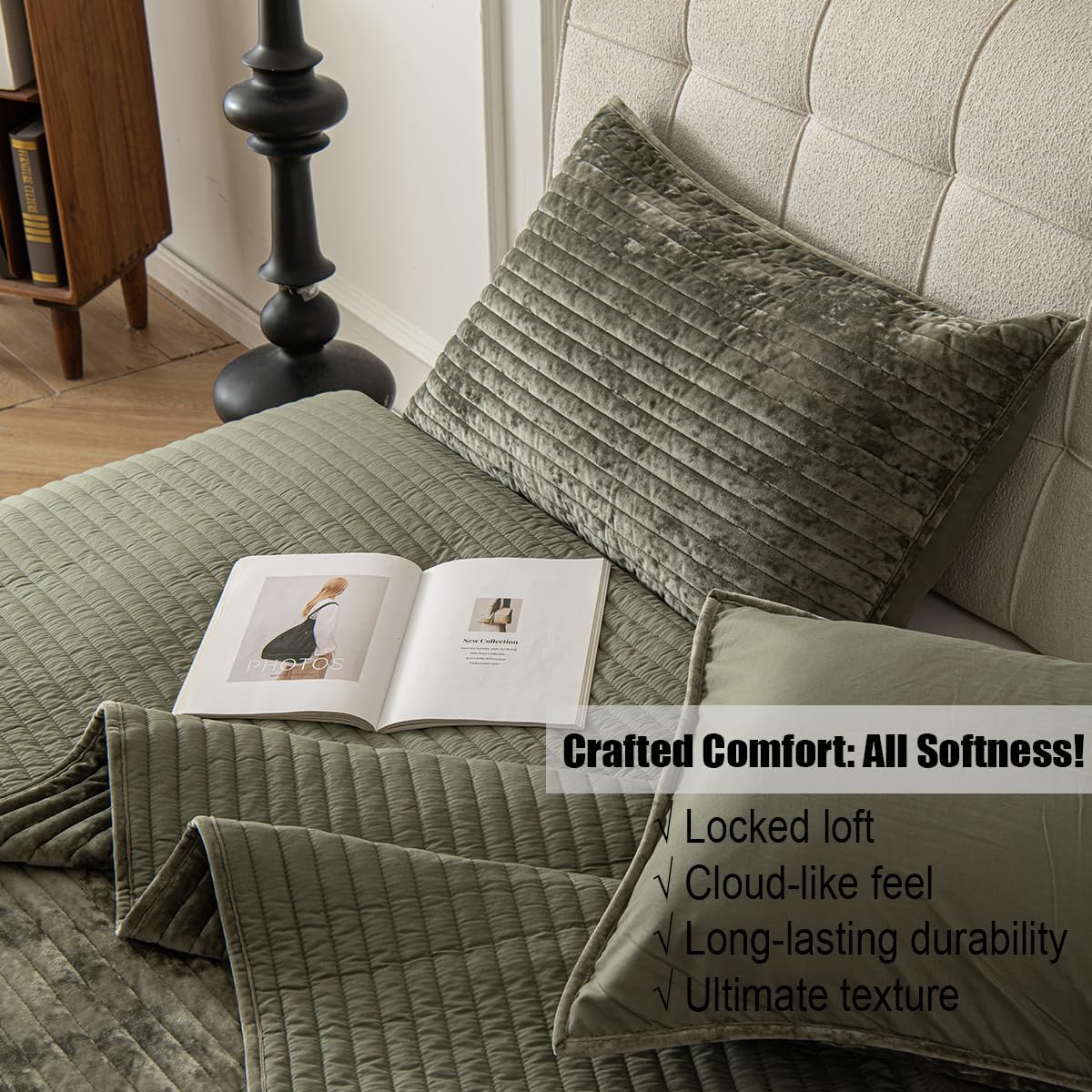 Velvet Oversized King Size Quilt Set 120x128 Soft Striped Bed Cover Set All Seasons Cozy Breathable Bedspread Includes 2 Pillowcases 20×36,Army Green - Image 2