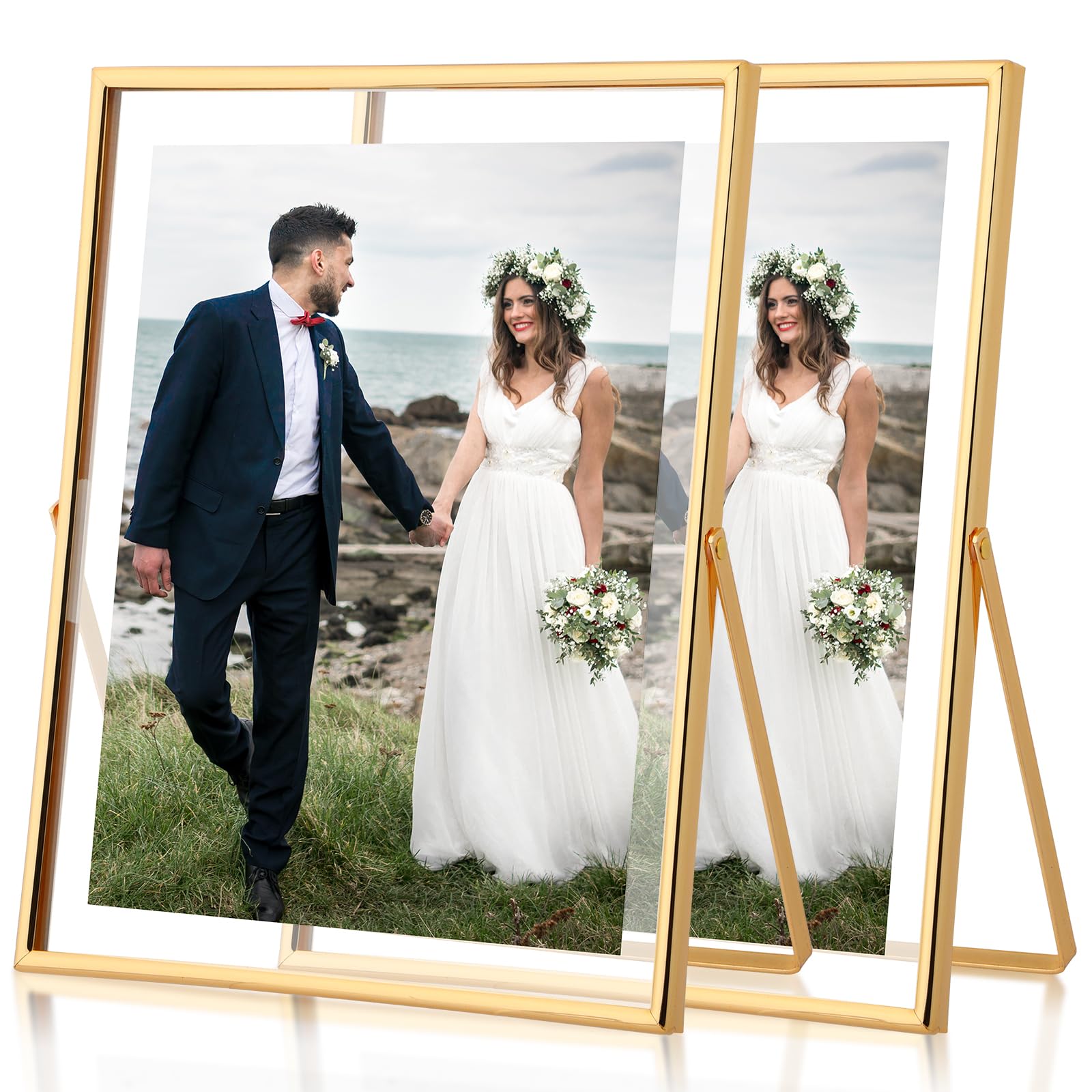 Fixwal Floating Picture Frame Set of 2, 8x10, Gold Metal, Tempered Glass, Tabletop