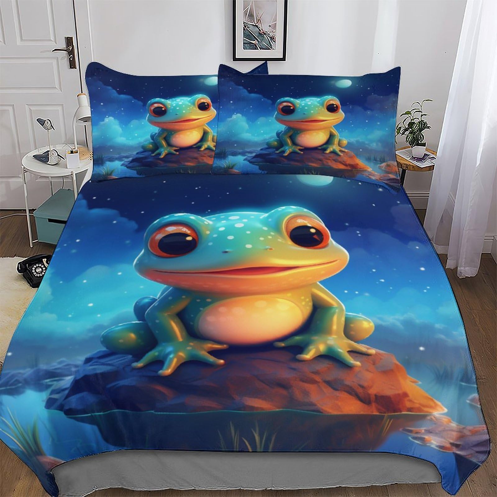 Pazzk Boys Frog Bedding Quilt Cover 2 Pieces Sets Easy Care Super-Soft Polycotton Comforter Cover Comfortable & Durable Duvet Cover With Pillowcases For Girls Single (135X200cm)