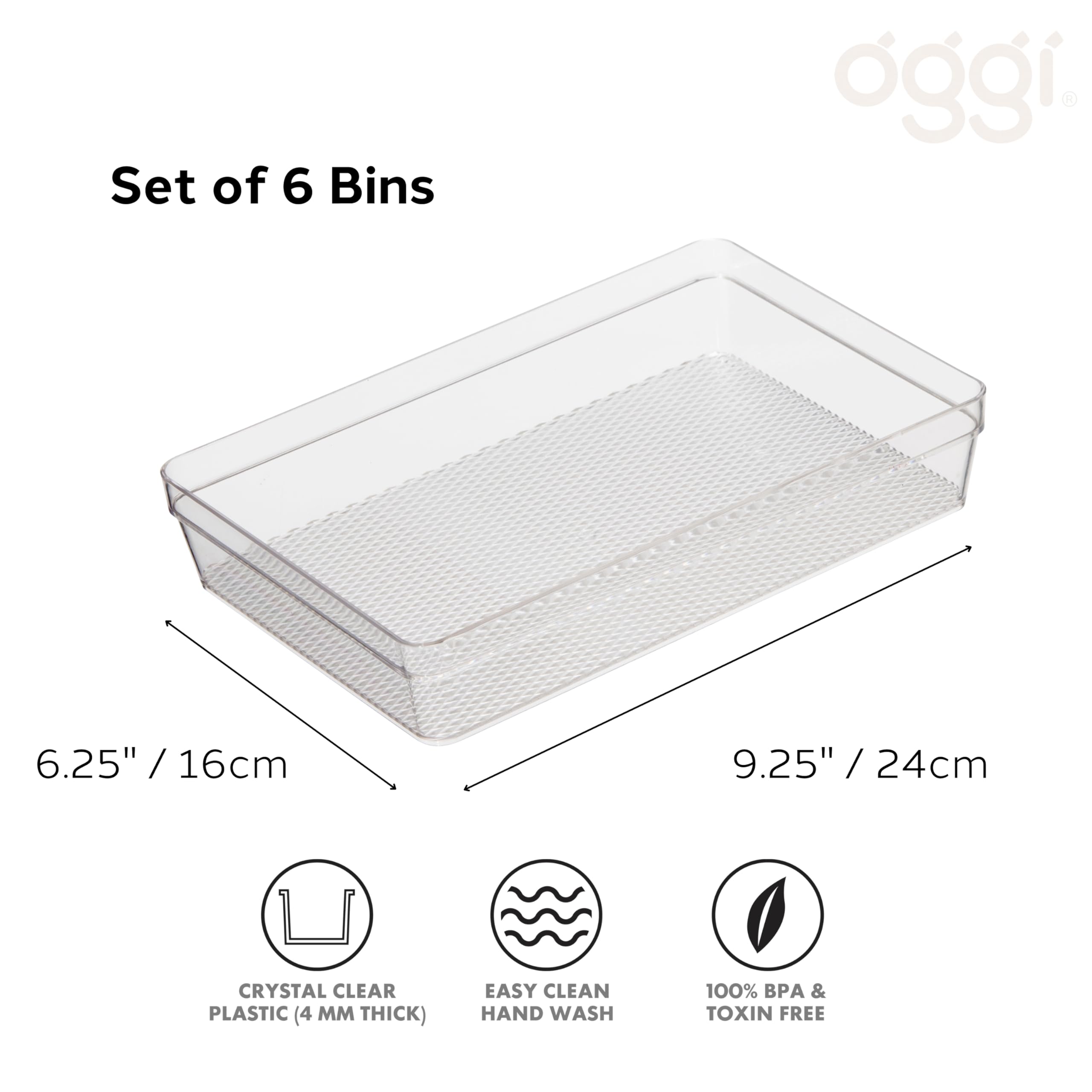 Oggi Organizer trasparente per cassetti, 15,9 x 23,5 cm, set da 6, ideale per organizzare cassetti da cucina, ufficio, scrivania, posate, utensili da cucina, cosmetici e bagni