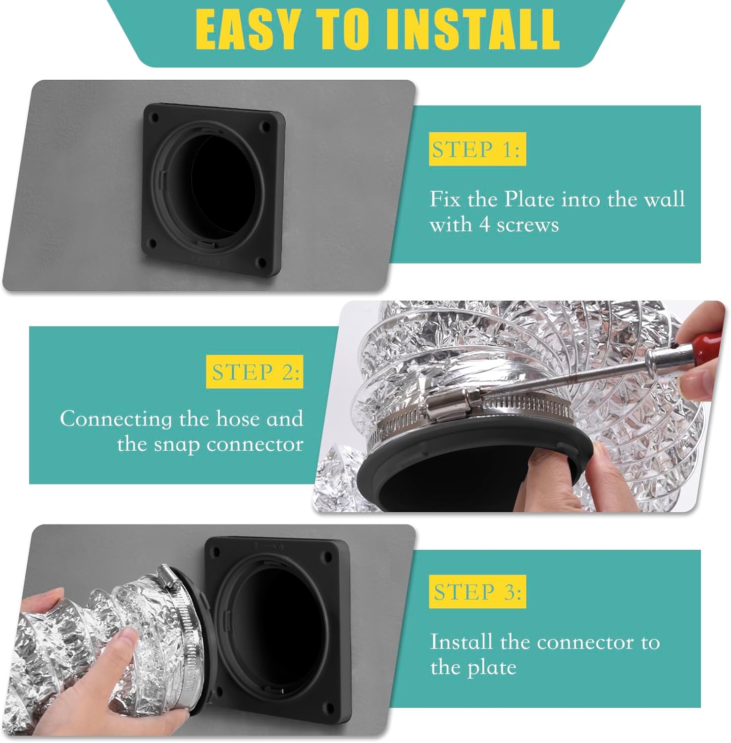 VIWINVELA Dryer Vent Hose Connector Kit - Dryer Vent Wall Plate with Hose - Dryer Duct Connector with Quick Connect & Disconnect Dryer Dock Connector (Dryer Vent Connector with 4in-5ft Black Hose)