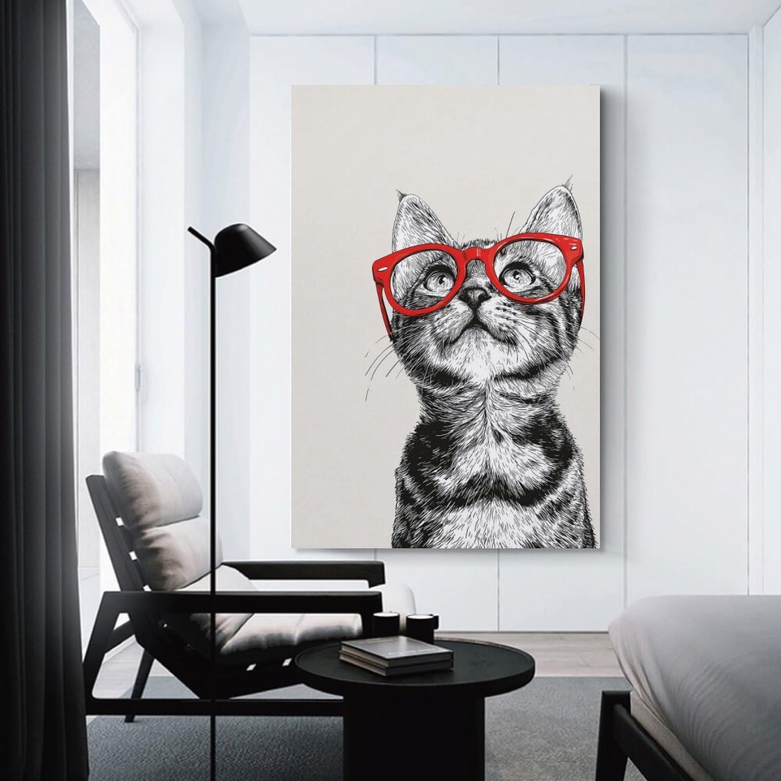 Junmoney Cat with Red Glasses Illustration Canvas Art Print, 08x12inch(20x30cm), for Restful Interiors, Bedrooms Or Small Rooms, A Warm Accent for Relaxed Interiors