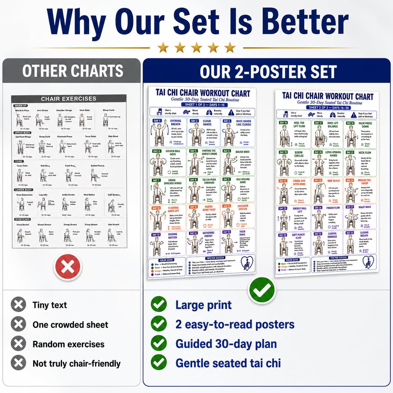 Andaz Press Tai Chi Chair Workout Chart 2-Pack, Gentle 30-Day Seated Tai Chi Routine Poster Set for Seniors & Beginners, Easy-to-Read Chair Exercise Wall Chart, 12 x 18 Inch Unframed